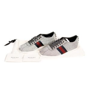 Gucci Silver Glitter Sneakers with Red and Blue Stripes